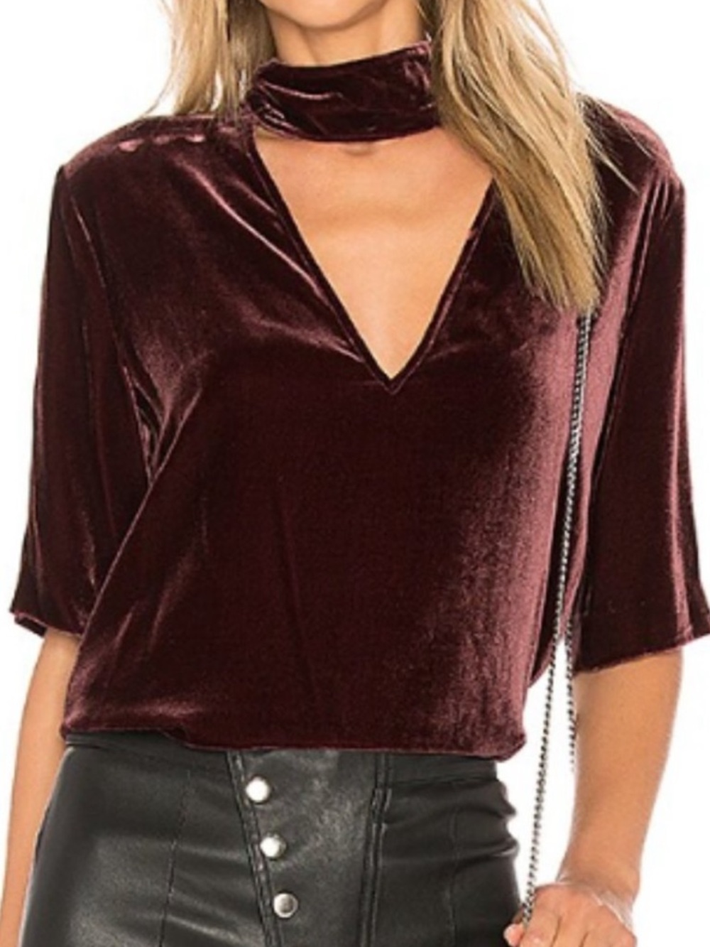 Theory Burgundy Silk Blend Velvet Top Whimsy Goth Deep V Choker Neck Top Size S
